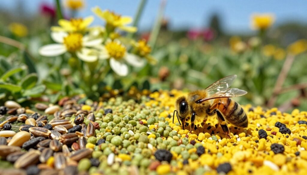 A vibrant close-up of a diverse range of pollen grains, showcasing rich yellows, greens, and browns, vividly scattered across a natural green background of fresh vegetation. In the foreground, include a detailed view of a honeybee gently collecting pollen, its wings glistening in the soft sunlight. The middle layer should feature flowering plants, with blossoms in full bloom, attracting attention to the importance of pollen availability for bee nutrition. The background can depict a blurred garden scene with hints of colorful flowers and a clear blue sky, creating a bright, uplifting atmosphere. Use soft, natural lighting to enhance the colors and textures, with a slightly shallow depth of field to focus on the bee and pollen, evoking a sense of vitality and natural beauty. A vibrant close-up of a diverse range of pollen grains, showcasing rich yellows, greens, and browns, vividly scattered across a natural green background of fresh vegetation. In the foreground, include a detailed view of a honeybee gently collecting pollen, its wings glistening in the soft sunlight. The middle layer should feature flowering plants, with blossoms in full bloom, attracting attention to the importance of pollen availability for bee nutrition. The background can depict a blurred garden scene with hints of colorful flowers and a clear blue sky, creating a bright, uplifting atmosphere. Use soft, natural lighting to enhance the colors and textures, with a slightly shallow depth of field to focus on the bee and pollen, evoking a sense of vitality and natural beauty.