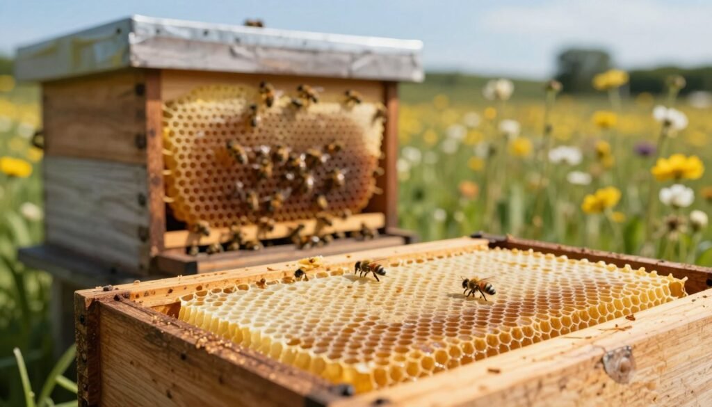A vibrant close-up of a full sheets foundation for beekeeping, prominently displayed in the foreground, showcasing its detailed wax cells and the rich, natural honey color. In the middle ground, depict a rustic wooden beehive slightly out of focus, with bees busily working around it, emphasizing the thriving ecosystem. The background features a soft-focus of a blooming wildflower meadow under a clear blue sky, conveying a serene and productive atmosphere. The lighting is warm and natural, casting soft shadows that enhance the textures of the foundation and hive. Capture the essence of modern beekeeping, highlighting sustainability and harmony with nature, using a lens that creates a dreamy bokeh effect around the edges, inviting viewers into this crucial aspect of apiculture.