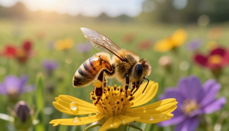 A vibrant close-up of a honeybee actively foraging on a flowering blossom, surrounded by a flurry of nectar beads glistening