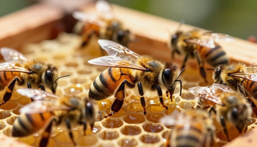 A vibrant close-up of a new mated queen bee, intricately detailed with a shiny, golden abdomen and delicate wings, sitting surrounded by worker bees in a warm, sunlit beehive. The foreground features the queen with slightly blurred worker bees gently tending to her, creating a sense of movement and purpose. In the middle ground, honeycomb cells, rich in shades of amber and gold, encapsulate the scene, revealing some filled with luscious honey. The background showcases a blurred hive structure with soft natural light filtering through, giving the impression of a busy, thriving colony. The atmosphere is serene and harmonious, reflecting the importance of introducing a new queen and maintaining order in the hive. Use a macro lens perspective to enhance detail and texture, with warm lighting to evoke a sense of life and vibrancy.