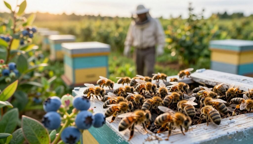 A vibrant close-up of a thriving bee colony nestled in a strategic hive among lush blueberry plants in a sunlit field. In the foreground, bees are actively pollinating delicate blueberry flowers with visible details of their fuzzy bodies and intricate wings, showcasing their health and vitality. The middle ground features the hive, painted in cheerful colors, with a beekeeping professional in modest casual clothing observing the scene, emphasizing the importance of integrated pest management. The background reveals rows of blooming blueberry bushes basking under warm, golden sunlight, creating an inviting atmosphere. Soft, natural lighting enhances the detail in the bees and flowers, while a shallow depth of field keeps the focus sharply on the colony. The overall mood is one of harmony and productivity, celebrating the interconnectedness of bee health and crop yields. A vibrant close-up of a thriving bee colony nestled in a strategic hive among lush blueberry plants in a sunlit field. In the foreground, bees are actively pollinating delicate blueberry flowers with visible details of their fuzzy bodies and intricate wings, showcasing their health and vitality. The middle ground features the hive, painted in cheerful colors, with a beekeeping professional in modest casual clothing observing the scene, emphasizing the importance of integrated pest management. The background reveals rows of blooming blueberry bushes basking under warm, golden sunlight, creating an inviting atmosphere. Soft, natural lighting enhances the detail in the bees and flowers, while a shallow depth of field keeps the focus sharply on the colony. The overall mood is one of harmony and productivity, celebrating the interconnectedness of bee health and crop yields.