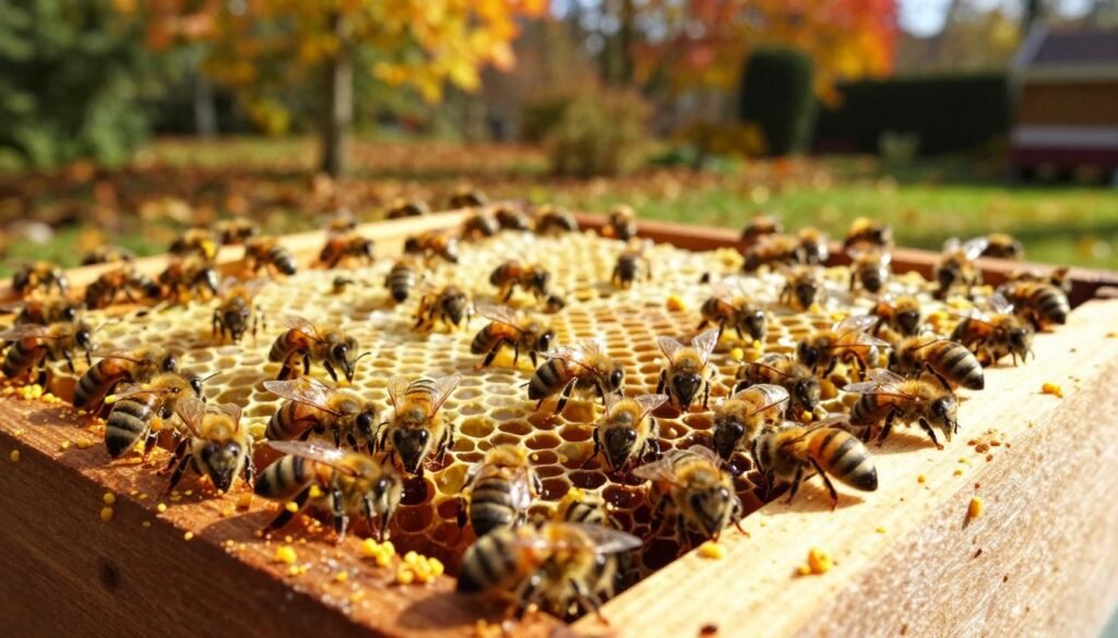 A vibrant, close-up view of a beehive nuc, showcasing a rich variety of bees busily working together inside the wooden structure. In the foreground, clusters of bees are depicted, their golden bodies glistening as they collect pollen. The middle layer captures the intricate details of the hive, with frames filled with honeycomb, showcasing larvae and capped honey. The background features a soft focus of an autumn garden, with hints of colorful fall foliage, suggesting the impending winter. The lighting is warm and inviting, with sunlight filtering through the trees, creating a gentle and nurturing atmosphere. The angle is slightly above eye level, providing a comprehensive view of the colony's activity, evoking a sense of community and preparation for the coming cold months.