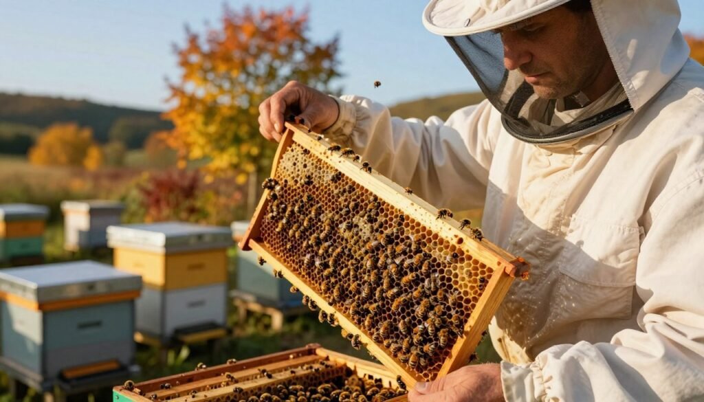 A vibrant, close-up view of a beekeeper in professional attire gently inspecting a bee colony during the transition from summer to fall. The foreground features hands carefully holding a frame full of bees, showcasing various stages of honeycomb and brood. In the middle ground, a well-maintained apiary is visible, with several hives surrounded by colorful autumn foliage, conveying the change in seasons. The background is softly blurred, highlighting a clear blue sky and hints of distant hills. The warm, golden light of late afternoon creates a cozy and focused atmosphere, emphasizing the importance of seasonal monitoring in beekeeping. Overall, the scene captures the diligent care needed for weak bee colonies in preparation for colder months.