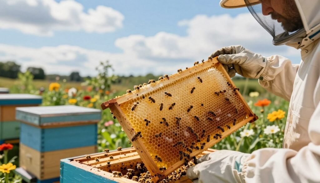A vibrant, close-up view of a beekeeper in protective gear, inspecting a healthy bee colony in a well-maintained beehive. The foreground showcases the beekeeper’s hands gently holding a frame of honeycomb, revealing rich, golden honey and healthy bees actively working. In the middle, the beehive sits in a lush garden setting, surrounded by colorful flowers that attract the bees, symbolizing a thriving ecosystem. The background features a bright blue sky with soft, billowing clouds, creating a peaceful and optimistic atmosphere. The lighting is warm and natural, emphasizing the honey’s golden hue. Capture the scene from a slightly elevated angle to highlight both the beekeeper and the vibrant activity within the hive, evoking a sense of care and proactive management in preventing pathogen buildup.