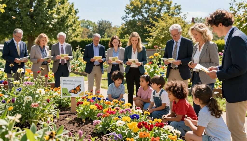 A vibrant community garden scene filled with colorful flowers and diverse pollinators such as bees and butterflies actively engaged in pollination. In the foreground, a diverse group of adults, dressed in professional business attire, enthusiastically holds educational materials and engages with children, who are kneeling and observing the insects. In the middle ground, there are well-maintained flower beds and a decorative sign displaying information about pollinator protection. The background features sunlit trees and a clear blue sky, imparting a cheerful, warm atmosphere. Use soft, natural lighting to enhance the mood of community engagement and awareness. The scene should be captured from a slightly elevated angle to provide depth and activity in the composition.