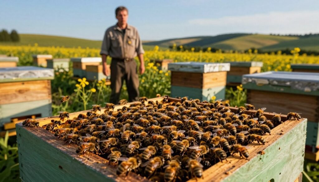 A vibrant, detailed agricultural landscape showcasing the risks of overstocking bees in a densely populated hive environment. In the foreground, a close-up of multiple beehives teeming with bees, some appearing crowded and chaotic, with a few bees showing signs of stress or aggression. In the middle ground, a farmer in professional attire observes the hives, looking concerned, with a backdrop of lush flowering plants being pollinated. The background features rolling hills and a clear blue sky, bathed in golden afternoon sunlight that casts long shadows. The overall atmosphere conveys tension and caution, emphasizing the imbalance created by excessive hive density. The image should evoke a sense of urgency regarding bee health and environmental impact.