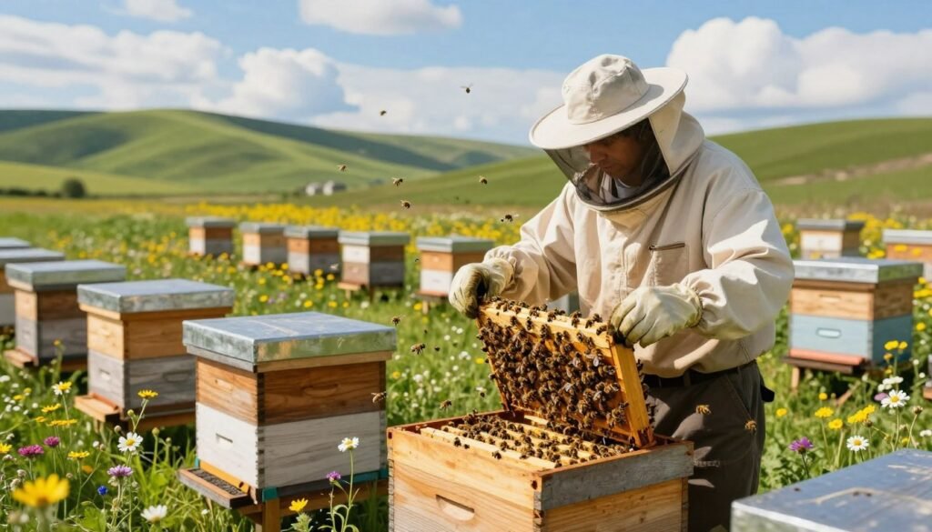 A vibrant, detailed apiary scene showcasing the process of scaling operations. In the foreground, a trained beekeeper in professional attire inspects a vibrant hive, surrounded by hovering bees. The middle ground features multiple wooden hives, each bustling with activity, interspersed with blooming wildflowers to attract pollinators, creating a sense of abundance. In the background, rolling green hills stretch under a bright blue sky, dappled with fluffy white clouds. Soft, warm sunlight filters through, casting dynamic shadows and highlighting the rich textures of the bees and hives. The atmosphere is industrious yet serene, capturing the thriving ecosystem of a well-managed apiary. This image aims to inspire and inform about the growth potential in beekeeping operations.