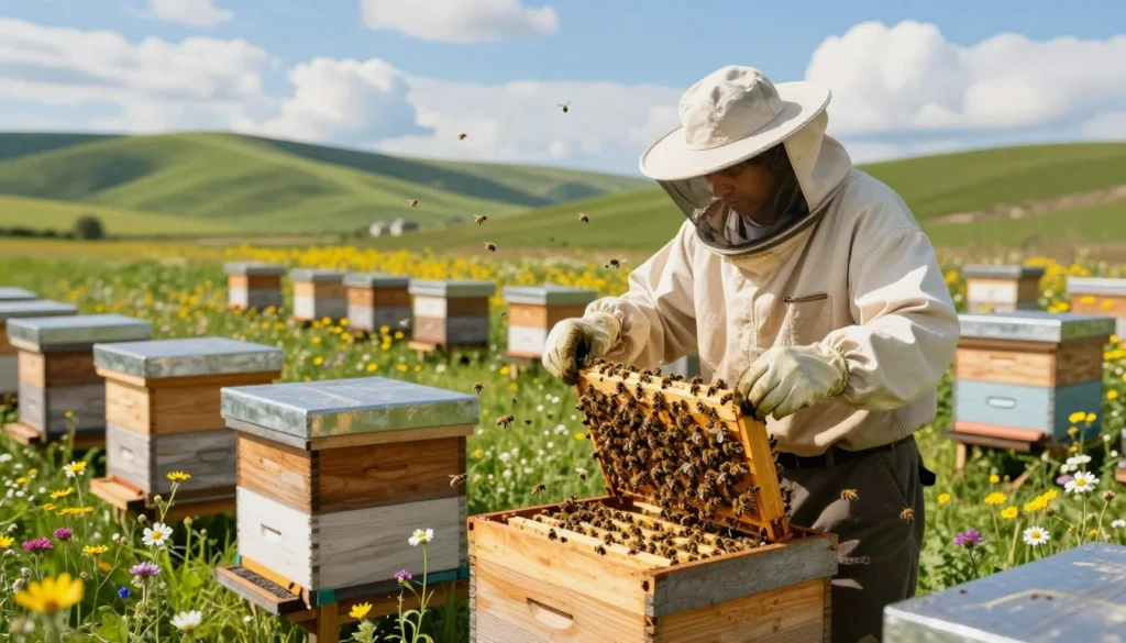 An apiary scene illustrating hive-scaling operations