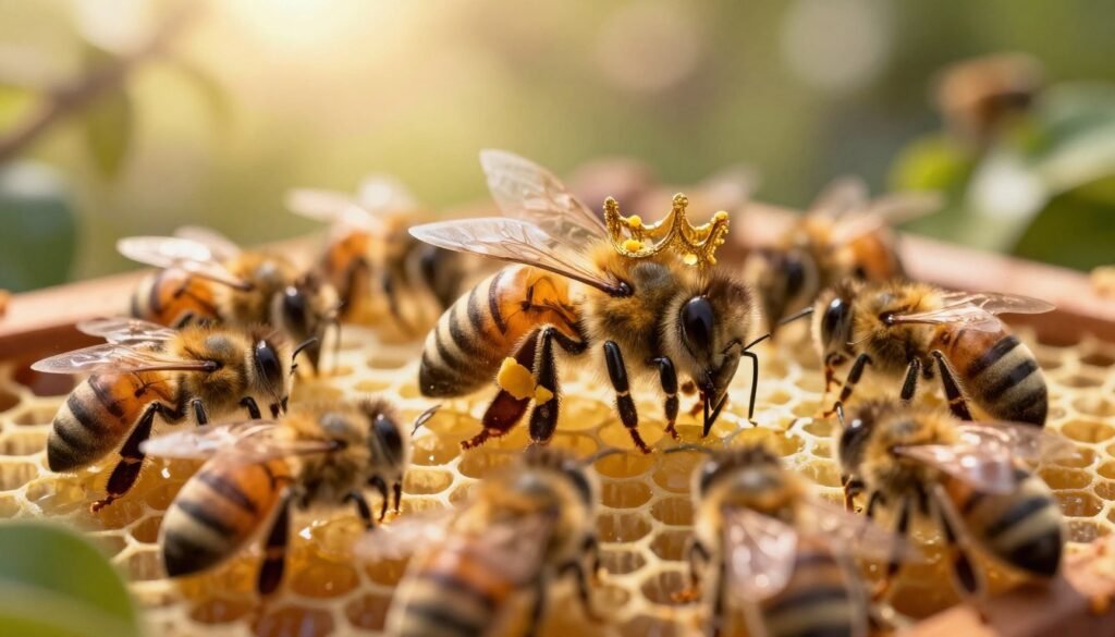 A vibrant, detailed beehive scene depicting a new queen bee at the center, surrounded by worker bees. In the foreground, a close-up of the queen, her elongated abdomen visible as she is crowned with a delicate golden crown made of pollen and honey. The worker bees flutter around her in a protective formation, showcasing their determination. The middle ground features a bustling hive filled with honeycomb, showcasing the intricate hexagonal structure. In the background, the soft focus of a lush garden under warm sunlight filters through delicate leaves, creating a golden hour glow. The overall mood is one of hope and renewal, symbolizing the resilience of the colony. Use a macro lens perspective to capture the fine details, with soft, warm lighting enhancing the scene's tranquil yet lively atmosphere.