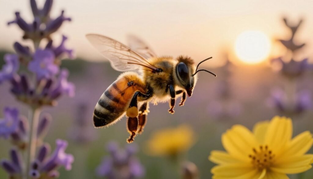 A vibrant, detailed depiction of a rearing honey bee, emphasizing its intricate features such as the delicate wings, pronounced antennae, and fuzzy body covered in pollen. The foreground should capture the bee mid-flight, wings blurred in motion to convey dynamic energy. In the middle ground, a variety of blooming flowers in soft-focus colors like lavender and yellow should provide a natural habitat, highlighting the importance of diverse floral sources in the rearing environment. In the background, a warm sunset casts golden light across the scene, creating a serene and harmonious atmosphere. The composition should be shot with a macro lens to reveal the bee’s textures and the intricacies of the flowers, evoking a sense of wonder and appreciation for the beekeeping environment.