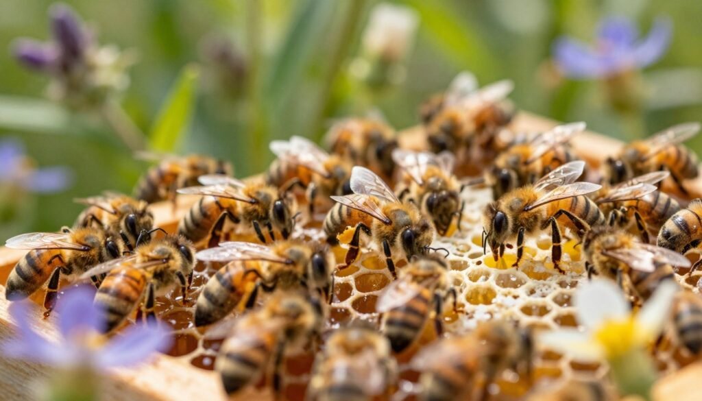 A vibrant, detailed depiction of honey bee colonies in their natural habitat. In the foreground, a close-up view of bees buzzing around their hive, showcasing their delicate wings and fuzzy bodies covered in pollen. In the middle ground, a thriving bee colony with honeycomb structures filled with golden honey, surrounded by various blooming wildflowers that attract the bees. The background features a soft focus of lush greenery under soft, dappled sunlight, creating a warm and inviting atmosphere. The scene is illuminated by gentle daylight, highlighting the intricate details of the bees and their hive. Use a macro lens perspective to capture the bees’ activity and the lush colors of the environment, evoking a sense of resilience and harmony in nature.