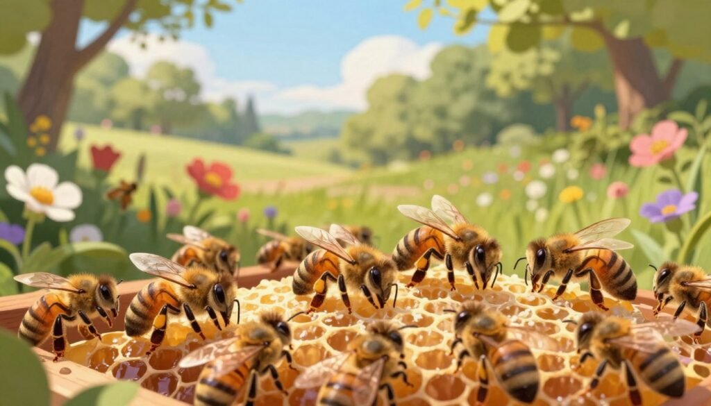 A vibrant, detailed illustration of a honey bee colony in a natural environment, focusing on the factors influencing infection rates. In the foreground, a cluster of bees actively tending to a honeycomb, showcasing their intricate movements and behaviors. In the middle ground, blooming flowers and diverse plants provide essential nutrients and serve as a habitat for pollinators, with bright colors enhancing the scene. The background features a lush landscape with trees and a clear sky, suggesting a healthy ecosystem. Soft, warm sunlight filters through the leaves, creating a serene atmosphere. The perspective is slightly low to capture the bees' activity while also emphasizing the environmental richness. The overall mood reflects the importance of a healthy environment for bee survival and the prevention of diseases.