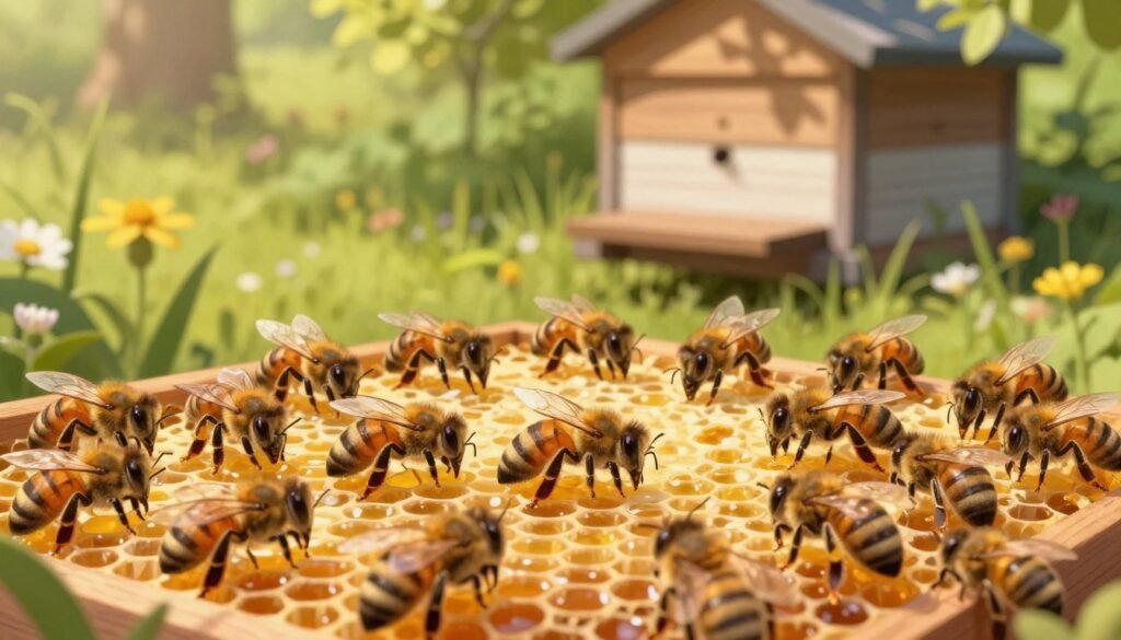 A vibrant, detailed illustration of a nucleus colony, showcasing a well-organized cluster of bees actively working together in a natural setting. In the foreground, a close-up view reveals the bees buzzing around their queen, with intricate patterns of honeycomb filled with golden honey. The middle ground features lush greenery like blooming wildflowers and nearby foliage, illustrating a healthy ecosystem. In the background, a soft-focus hive stands under dappled sunlight filtering through tree branches, casting gentle shadows. The atmosphere is lively yet serene, embodying the harmony of nature. Use a warm color palette to enhance the inviting mood, with a shallow depth of field to emphasize the bees while keeping the background subtly blurred, evoking a sense of focus on the essential components of a thriving colony. A vibrant, detailed illustration of a nucleus colony, showcasing a well-organized cluster of bees actively working together in a natural setting. In the foreground, a close-up view reveals the bees buzzing around their queen, with intricate patterns of honeycomb filled with golden honey. The middle ground features lush greenery like blooming wildflowers and nearby foliage, illustrating a healthy ecosystem. In the background, a soft-focus hive stands under dappled sunlight filtering through tree branches, casting gentle shadows. The atmosphere is lively yet serene, embodying the harmony of nature. Use a warm color palette to enhance the inviting mood, with a shallow depth of field to emphasize the bees while keeping the background subtly blurred, evoking a sense of focus on the essential components of a thriving colony.