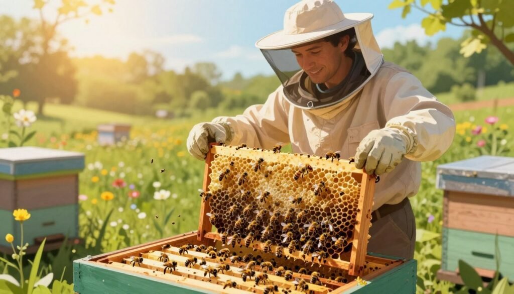 A vibrant, detailed illustration showcasing the economic and environmental benefits of foundationless frames in beekeeping. In the foreground, a close-up of a busy beehive filled with bees working harmoniously on natural wax structures. In the middle ground, display a professional beekeeper in modest clothing, inspecting the foundationless frames with a look of satisfaction and pride. The background captures a lush, green landscape with blooming flowers, illustrating the positive impact on pollination and biodiversity. Golden sunlight filters through, casting a warm glow over the scene, enhancing a sense of growth and sustainability. The atmosphere is hopeful and productive, conveying a harmonious relationship between nature and responsible beekeeping practices. A vibrant, detailed illustration showcasing the economic and environmental benefits of foundationless frames in beekeeping. In the foreground, a close-up of a busy beehive filled with bees working harmoniously on natural wax structures. In the middle ground, display a professional beekeeper in modest clothing, inspecting the foundationless frames with a look of satisfaction and pride. The background captures a lush, green landscape with blooming flowers, illustrating the positive impact on pollination and biodiversity. Golden sunlight filters through, casting a warm glow over the scene, enhancing a sense of growth and sustainability. The atmosphere is hopeful and productive, conveying a harmonious relationship between nature and responsible beekeeping practices.