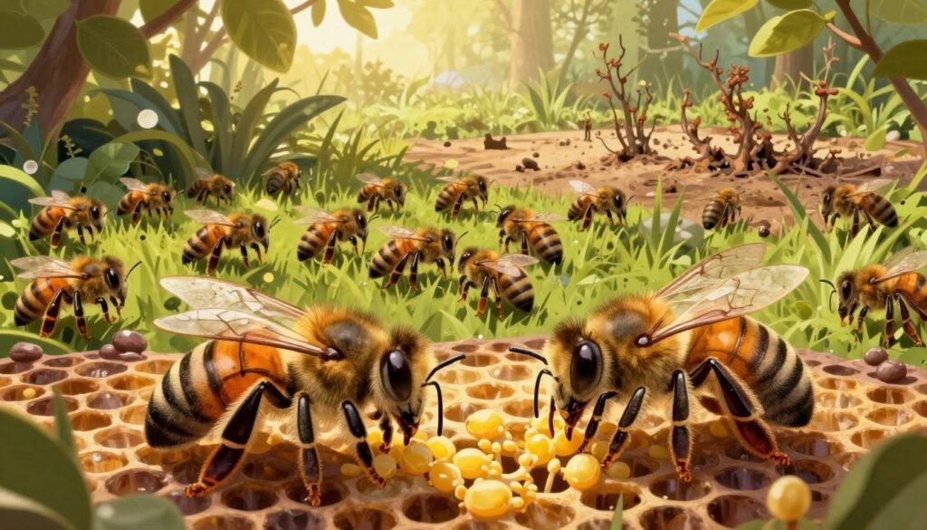 A vibrant, detailed illustration showcasing the risks of interfering with natural succession in a two-queen beehive environment. In the foreground, depict two distinct queen bees, one healthy and thriving, while the other appears distressed, symbolizing the consequences of unmanaged intervention. In the middle ground, a diverse array of worker bees actively nurturing brood and collecting pollen, reflecting a harmonious balance. In the background, lush vegetation representing a healthy ecosystem transitions to a barren area where invasive species are taking over, signifying disruption. The scene is bathed in warm, golden sunlight filtering through the leaves, creating a serene yet cautionary atmosphere. Use a wide-angle lens to capture the expansive detail and depth, emphasizing the intricate relationships within the hive and surrounding environment.