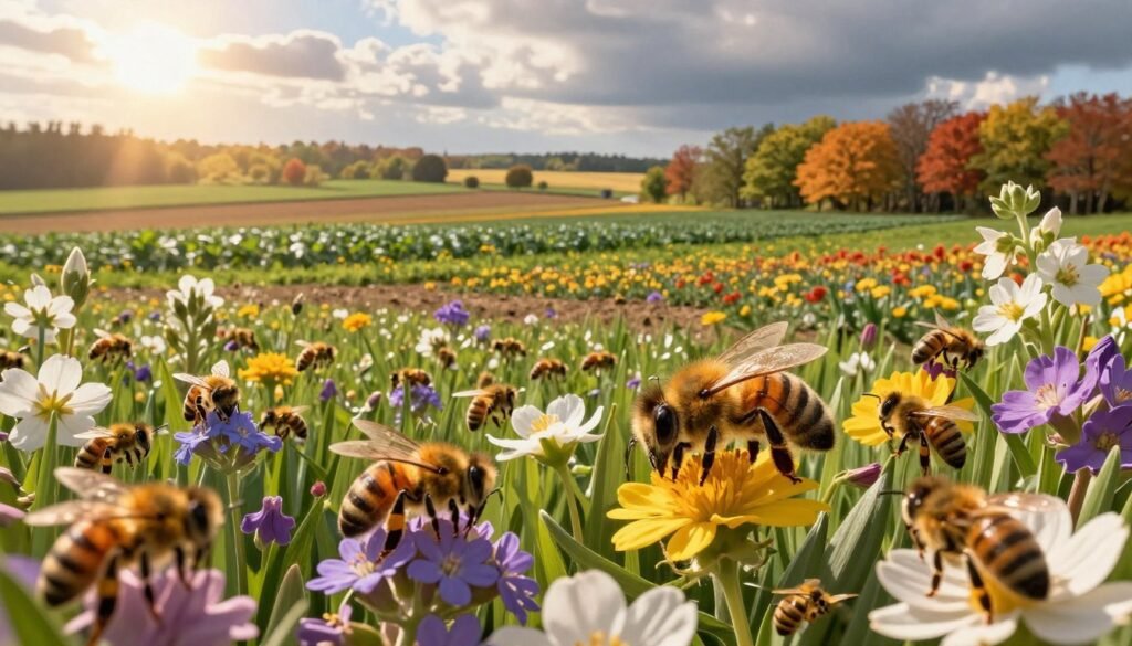 A vibrant, detailed scene depicting a colony of bees navigating through a lush, blooming landscape during different seasons. In the foreground, bees are delicately landing on various flowers, showcasing a spectrum of colors from spring blooms to autumn foliage. The middle layer features organic farming fields with diverse crops, illustrating the importance of pollination. In the background, a gradient of seasonal changes can be seen, with bright sunny skies transitioning to cloudy and windy conditions, hinting at environmental challenges. The lighting is warm and natural, mimicking the golden hour, enhancing the beauty of the surroundings while casting soft shadows. The mood is optimistic yet reflective, capturing the delicate balance bees maintain in their seasonal routes amid varying conditions. A vibrant, detailed scene depicting a colony of bees navigating through a lush, blooming landscape during different seasons. In the foreground, bees are delicately landing on various flowers, showcasing a spectrum of colors from spring blooms to autumn foliage. The middle layer features organic farming fields with diverse crops, illustrating the importance of pollination. In the background, a gradient of seasonal changes can be seen, with bright sunny skies transitioning to cloudy and windy conditions, hinting at environmental challenges. The lighting is warm and natural, mimicking the golden hour, enhancing the beauty of the surroundings while casting soft shadows. The mood is optimistic yet reflective, capturing the delicate balance bees maintain in their seasonal routes amid varying conditions.