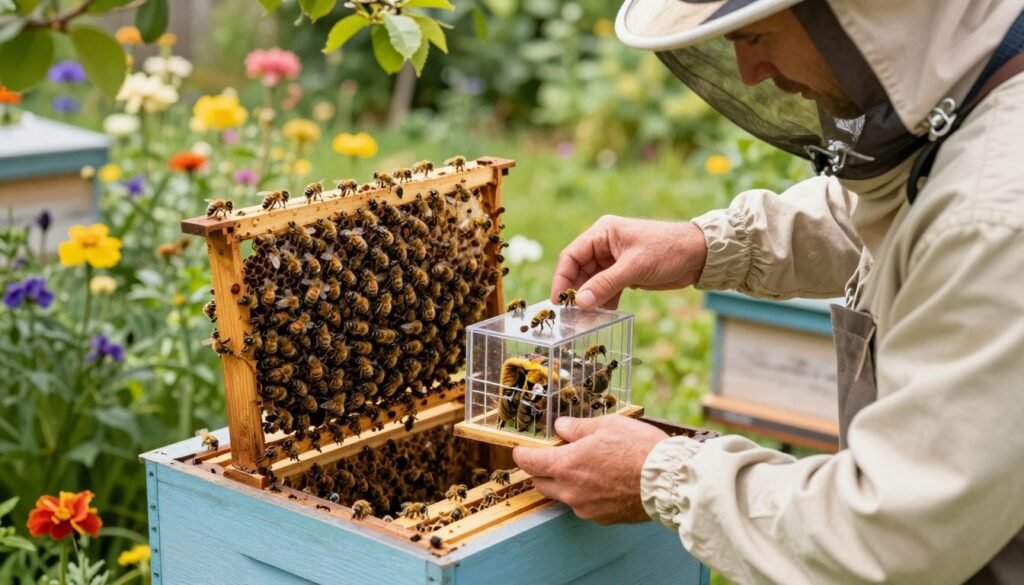 A vibrant, detailed scene depicting a professional beekeeper in modest casual clothing gently introducing a new queen bee to a colony of laying worker bees. In the foreground, the beekeeper is calmly holding a small, clear, queen introduction cage, showcasing the queen bee surrounded by worker bees. The middle layer features an observation hive with transparent panels, allowing a close view of the bees' interactions, with some worker bees curiously approaching the cage. In the background, a lush garden setting creates a serene atmosphere, dotted with colorful flowers, under soft, natural sunlight filtering through green leaves. The mood is one of care and anticipation, captured from a slightly elevated perspective to emphasize the gentle process of queen introduction. A vibrant, detailed scene depicting a professional beekeeper in modest casual clothing gently introducing a new queen bee to a colony of laying worker bees. In the foreground, the beekeeper is calmly holding a small, clear, queen introduction cage, showcasing the queen bee surrounded by worker bees. The middle layer features an observation hive with transparent panels, allowing a close view of the bees' interactions, with some worker bees curiously approaching the cage. In the background, a lush garden setting creates a serene atmosphere, dotted with colorful flowers, under soft, natural sunlight filtering through green leaves. The mood is one of care and anticipation, captured from a slightly elevated perspective to emphasize the gentle process of queen introduction.