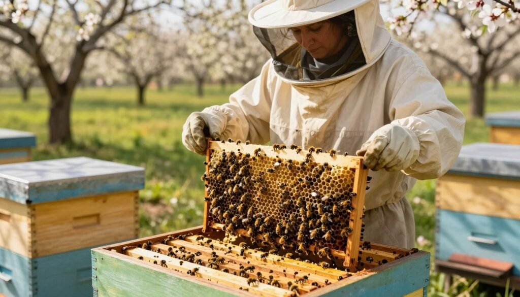A vibrant, detailed scene showcasing a queen rearing colony in an outdoor apiary. In the foreground, a well-organized bee nursery with capped queen cells surrounded by diligent worker bees tending to them. The middle ground features an experienced beekeeper, dressed in a professional bee suit, carefully examining a frame of bees while maintaining focus on their royal tasks. Soft, golden sunlight filters through the trees, casting gentle shadows and enhancing the warm atmosphere. In the background, the green landscape of blooming almond trees hints at the impending pollination season. The image captures a sense of harmony and diligence within the hive, with a crisp focus that highlights the intricate details of both the bees and their environment.