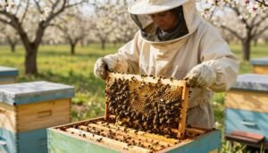A vibrant, detailed scene showcasing a queen rearing colony in an outdoor apiary