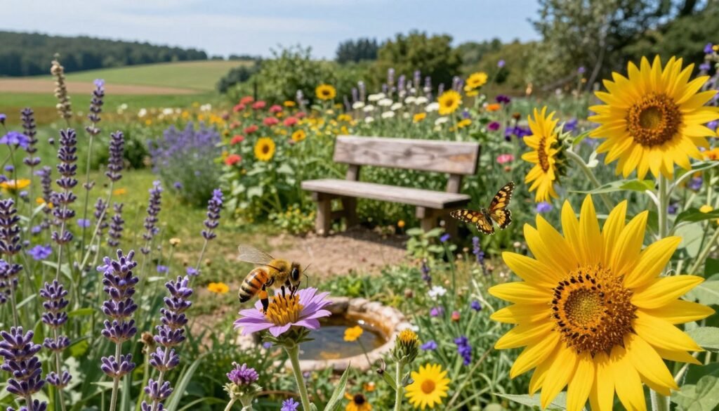 A vibrant, diverse pollinator garden filled with native wildflowers of various colors and shapes, such as sunflowers, bee balm, and lavender, swaying gently in a soft breeze. In the foreground, a honeybee is delicately extracting nectar from a blossoming flower while a butterfly flutters nearby. The middle ground features a small, rustic wooden bench surrounded by a mix of blooming plants and a shallow water source for thirsty insects. In the background, a lush green landscape extends to a distant hillside under a clear blue sky, with soft sunlight illuminating the scene, creating a warm and inviting atmosphere. Capture this serene moment with a slightly elevated angle to show the garden's depth and vivid details, emphasizing the importance of habitat diversity for pollinator health.