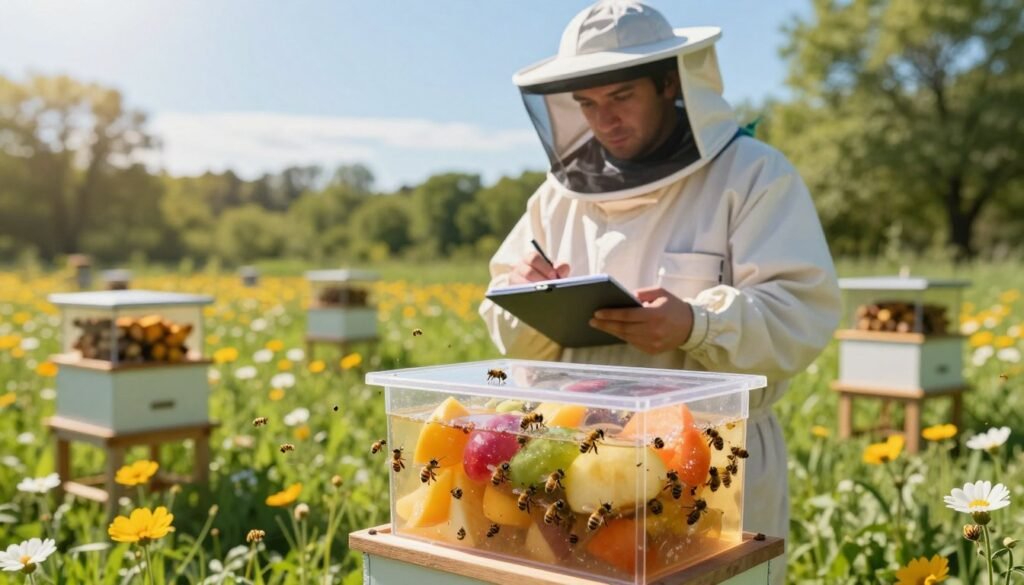 A vibrant, engaging scene showcasing the use of attractants in swarm traps. In the foreground, a well-designed swarm trap made of transparent material filled with a colorful, fragrant attractant like fruit or sugar water, surrounded by small bees buzzing around. The middle ground features an expert apiarist in a professional bee suit, carefully observing the trap while taking notes, with a focused expression, under a clear blue sky. In the background, a sunny meadow filled with blooming flowers adds a touch of natural beauty, and a few other swarm traps are seen at varying distances. Soft, warm sunlight filters through the trees, creating a welcoming atmosphere. The image conveys an educational and organized approach to bee management, emphasizing the importance of attractants in swarm trapping.