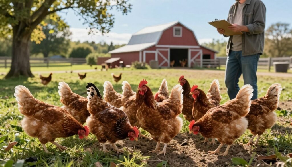 A vibrant farm scene depicting a diverse flock of healthy chickens in a spacious outdoor environment. In the foreground, a group of chickens with strong, bright combs and lush feathers peck at the ground, while a farmer in modest casual clothing observes them with a clipboard, taking notes on flock health. The middle ground features a sunlit pasture with green grass and some scattered shade from trees, where a few chickens roam freely. In the background, a cozy barn and a clear blue sky create a warm atmosphere. The lighting is soft and inviting, reminiscent of late afternoon sun, casting gentle shadows and illuminating the scene with a sense of vitality and well-being, emphasizing the long-term strategies for maintaining flock health.