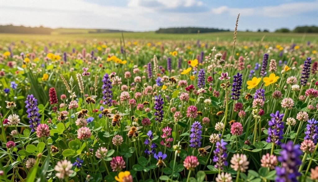 A vibrant field of diverse, blooming bee-friendly cover crops, such as clover, buckwheat, and vetch, filled with colorful flowers attracting bees in the foreground. The middle ground features a lush, green landscape dotted with healthy, thriving plants, creating a lush environment. In the background, a soft blue sky with gentle sunlight filtering through, casting warm, inviting light across the scene. The composition is framed from a slightly elevated angle, offering a panoramic view that captures the abundant life in the field. The mood is tranquil and harmonious, emphasizing the importance of biodiversity and pollinator-friendly practices in agriculture. The image should be serene and focused on nature’s beauty, free from any human presence or text.