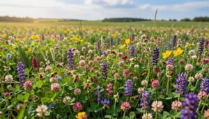 A vibrant field of diverse, blooming bee-friendly cover crops, such as clover, buckwheat, and vetch, filled with colorful