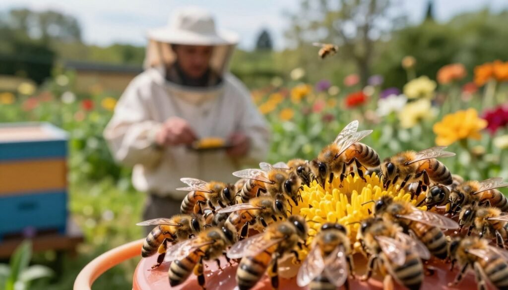 A vibrant hive scene depicting bees actively gathering nectar while avoiding common pitfalls during the feeding process. In the foreground, a cluster of bees is seen around a feeder designed for pollination, with a keen focus on their busy activity. The middle ground features a beekeeper in professional attire, carefully observing the bees, ensuring they remain undistracted and focused. The background showcases a lush garden filled with blooming flowers under soft, warm sunlight, creating a serene yet lively atmosphere. The image is captured from a slightly elevated angle, highlighting the dynamic interaction between bees and their environment while emphasizing the importance of maintaining stability and safety in their feeding routines.