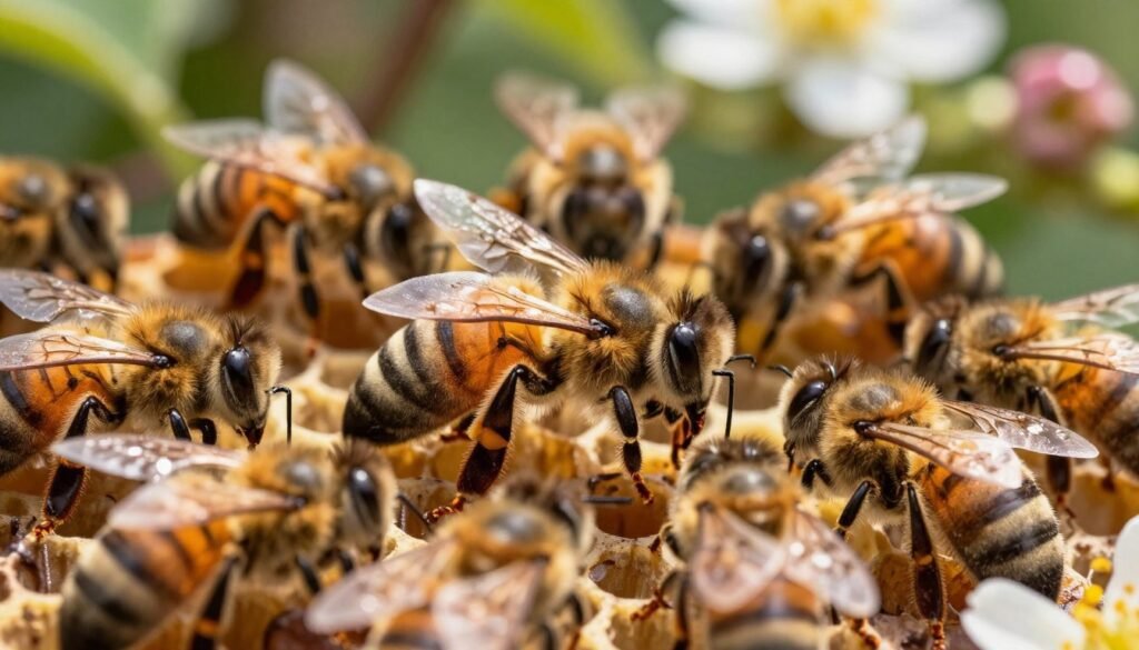 A vibrant honeybee colony in a lush garden serves as the backdrop, with a close-up of a queen bee surrounded by her attendants in a bustling hive. The foreground features the queen bee, larger than her workers, showcasing her regal appearance with a smooth, elongated abdomen and distinct markings. In the middle ground, several worker bees are diligently tending to the queen, emphasizing the well-organized structure of the colony. Soft, warm lighting filters through the leaves, casting dappled shadows on the bees, enhancing the serene yet industrious atmosphere. The background shows flowers in full bloom, symbolizing the vitality of the colony. The image captures the intricate dynamics of hive life, highlighting how the age of the queen influences overall colony performance.