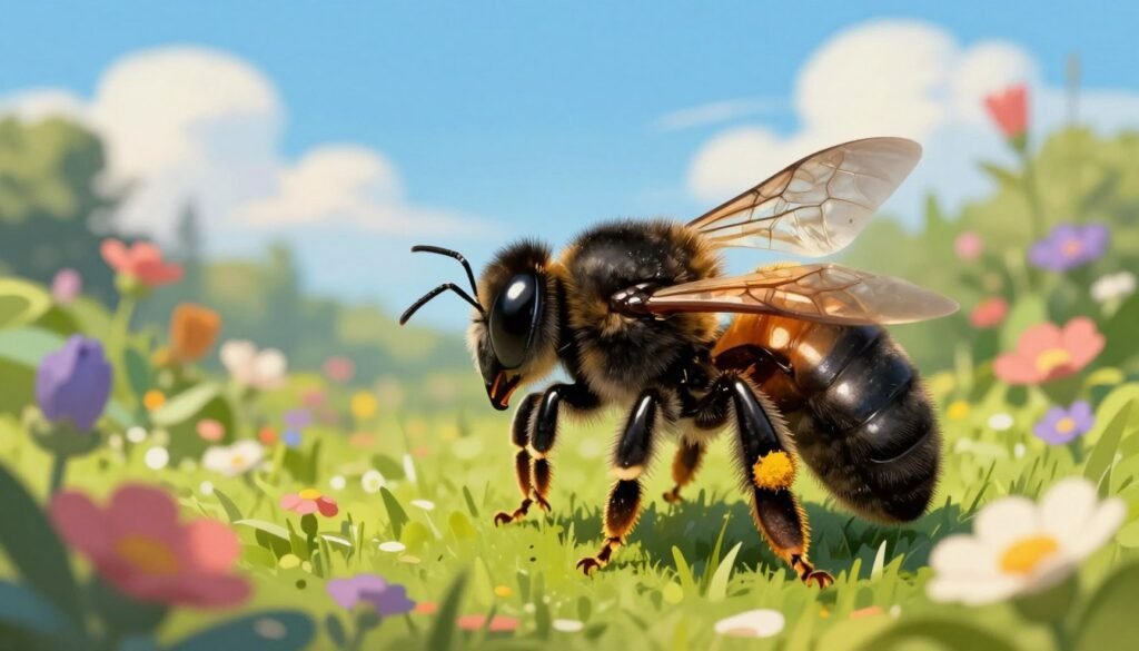 A vibrant illustration focused on bee health management features a healthy, shiny black bee in the foreground, showcasing its intricate wing patterns and golden pollen on its legs. The middle ground depicts a green, flourishing garden filled with various colorful flowers, symbolizing a rich habitat supporting bee diversity. In the background, a clear blue sky is dotted with a few soft, fluffy clouds, suggesting a sunny, welcoming atmosphere for pollinators. Soft, natural sunlight casts gentle shadows, enhancing the textures of the bee and flowers, creating a warm and optimistic mood. The image should reflect a sense of hope and a commitment to sustainable practices in bee health management, showcasing a balanced ecosystem.