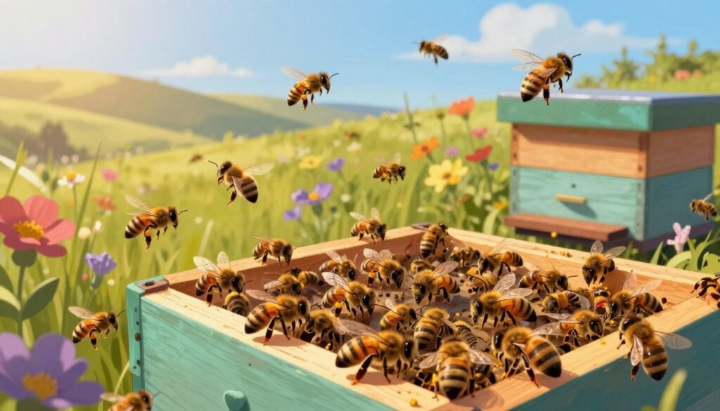 A vibrant illustration of a forager drift hive, buzzing with activity. In the foreground, a close-up view of bees swarming around an open hive, showcasing their busy foraging behavior. The middle ground features lush flowers in various colors, symbolizing abundant pollination resources, while bees are depicted in flight, transporting pollen. The background includes gentle rolling hills under a clear blue sky illuminated by soft, golden sunlight, creating a warm and inviting atmosphere. Capture the scene with a wide-angle lens to emphasize the busy hive and its surroundings, conveying a sense of harmony in nature. The overall mood should be lively yet serene, radiating the beauty of biodiversity and the importance of pollination.