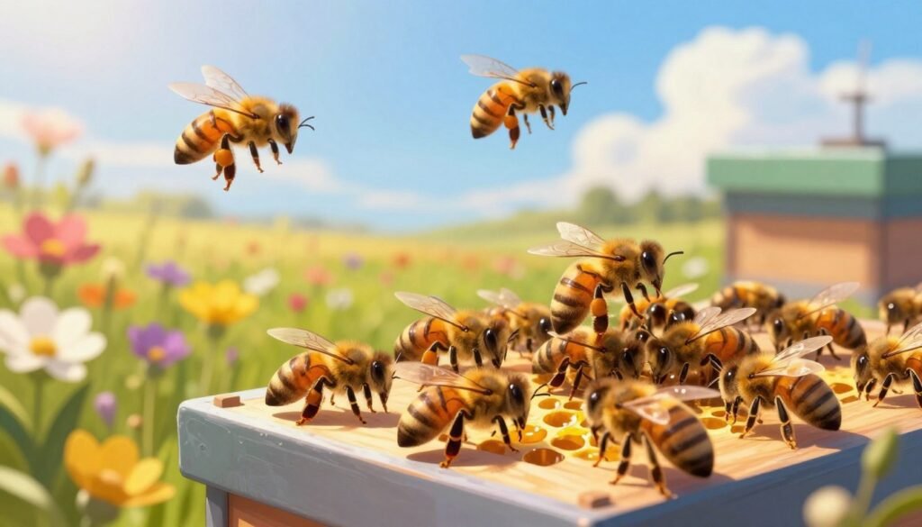 A vibrant illustration of a healthy honeybee colony, showcasing strong, active worker bees buzzing around a well-structured hive in the foreground. These bees are engaged in various activities such as pollination, nectar gathering, and hive maintenance, all contributing to the strength of the colony. In the middle ground, fields of blooming flowers display a rich diversity of colors, emphasizing the significance of pollination. The background features a bright blue sky with soft, fluffy clouds, creating an uplifting and hopeful atmosphere. The lighting is warm and golden, reminiscent of a sunny spring day, highlighting the bees and their environment with a slight backlight effect to enhance depth. The overall mood conveys vitality and productivity, illustrating the importance of colony strength in achieving business goals.