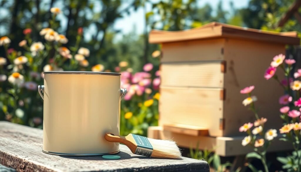 A vibrant image showcasing low VOC latex paint designed specifically for bee hives. In the foreground, there is a close-up view of an open can of paint, with a creamy texture and soft pastel color options, illustrating eco-friendliness. Beside the can, a paintbrush sits, coated lightly with the paint, highlighting its smooth application. In the middle ground, a freshly painted bee hive displays a graceful, matte finish that complements a natural outdoor setting. In the background, a sunny garden filled with blooming flowers creates a warm and inviting atmosphere, emphasizing the importance of using safe products for bees. Soft natural lighting casts gentle shadows, enhancing the scene's peaceful mood, while a slightly blurred depth of field focuses on the paint can and hive. A vibrant image showcasing low VOC latex paint designed specifically for bee hives. In the foreground, there is a close-up view of an open can of paint, with a creamy texture and soft pastel color options, illustrating eco-friendliness. Beside the can, a paintbrush sits, coated lightly with the paint, highlighting its smooth application. In the middle ground, a freshly painted bee hive displays a graceful, matte finish that complements a natural outdoor setting. In the background, a sunny garden filled with blooming flowers creates a warm and inviting atmosphere, emphasizing the importance of using safe products for bees. Soft natural lighting casts gentle shadows, enhancing the scene's peaceful mood, while a slightly blurred depth of field focuses on the paint can and hive.