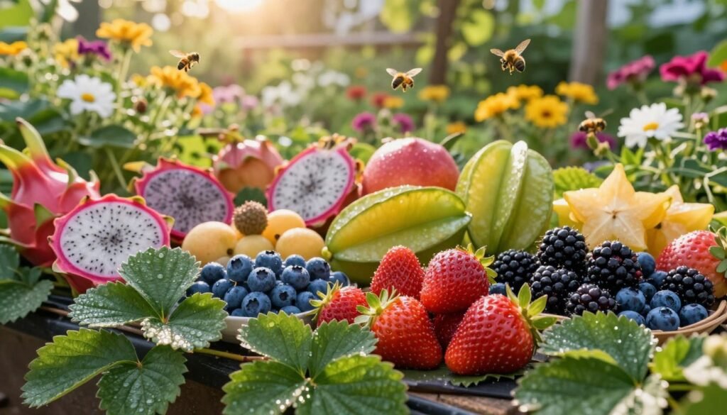 A vibrant, lush garden scene showcasing an array of profitable berries and specialty fruits. In the foreground, plump strawberries, blueberries, and blackberries glisten with morning dew, nestled among rich green leaves. A colorful display of unusual fruits like dragon fruit and star fruit populate the middle ground, adding visual intrigue. In the background, a sun-drenched pollinator garden teems with blooming flowers attracting bees and butterflies, creating a lively atmosphere. The soft, golden lighting of early morning casts warm shadows, and a shallow depth of field focuses attention on the fruits while softly blurring the background, enhancing the harmonious and fruitful ambience of a small-scale farming oasis.