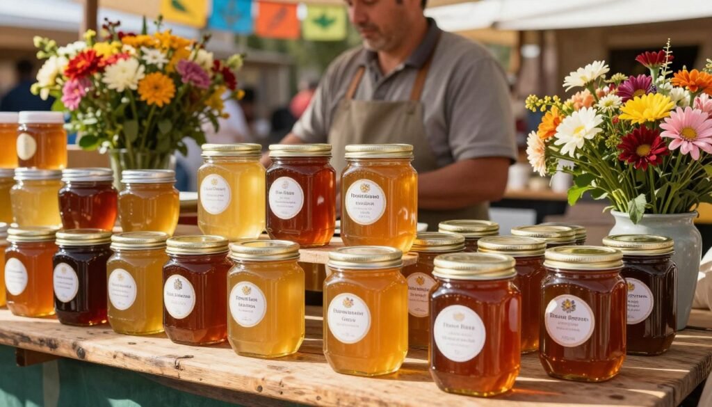 A vibrant market scene showcasing a variety of honey types displayed in artisan jars. In the foreground, focus on several jars of honey in different shades, from light golden to deep amber, arranged on a rustic wooden table. The middle ground features a vendor, a middle-aged individual in modest casual clothing, carefully labeling each jar with floral source details, surrounded by lush floral arrangements that hint at the nectar sources. The background includes a bustling market setting with colorful decorations, warm sunlight filtering through, creating a welcoming atmosphere. Use natural lighting to accentuate the colors and textures of the honey and flowers, with a slight depth of field to emphasize the jars in focus. The overall mood should be fresh and inviting, illustrating the richness of honey varieties.