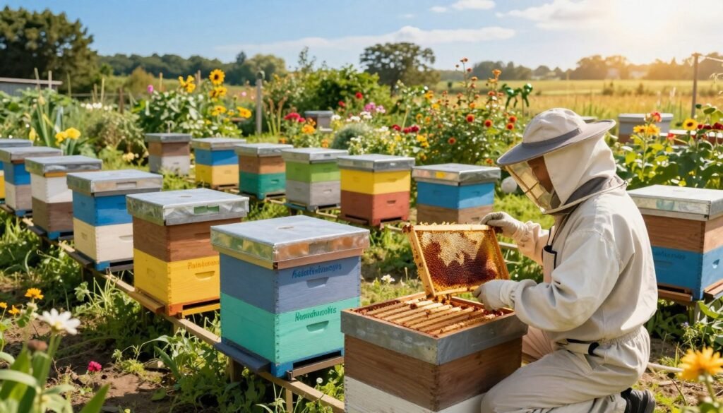 A vibrant multi-yard apiary scene depicting several beehives arranged in an orderly fashion, each hive indicating specific goals for hive checks with colorful, contrasting markers. In the foreground, a beekeeper in professional attire kneels beside a hive, examining a frame filled with honeycomb, showcasing a focus on detail and care. The middle ground features lush garden plants and flowers blooming around the hives, creating a sense of harmony with nature. In the background, a clear blue sky with soft, golden sunlight filters through, illuminating the scene with a warm, inviting atmosphere. The perspective is slightly elevated, giving a comprehensive view of the apiary layout, emphasizing organization and goal-setting within the hive check processes. The overall mood conveys diligence, professionalism, and a strong connection to the environment.