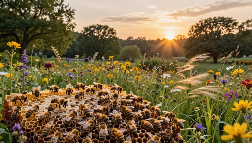 A vibrant natural landscape illustrating the intricate relationship between environmental conditions and colony demography. In the foreground, a thriving bee colony highlighted by detailed honeycomb structures and busy worker bees collecting pollen from colorful wildflowers. The middle section features a lush habitat with a variety of trees and plants, showcasing diverse flora, indicating healthy ecosystem diversity. In the background, a warm golden sunset casts soft, diffuse lighting, enhancing the serene atmosphere. A gentle breeze sways the grass, symbolizing the dynamic interplay of weather as it affects colony growth and structure. The overall mood is optimistic and balanced, reflecting how environmental factors contribute to the vitality of the colony.