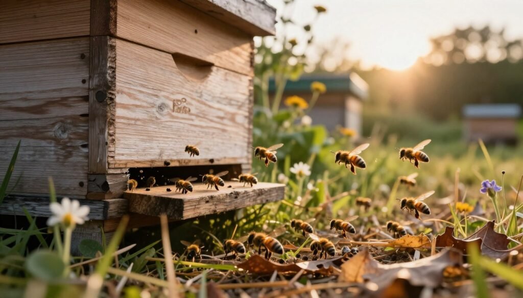 A vibrant outdoor scene depicting a cluster of package bees swirling outside a wooden beehive. In the foreground, a close-up view of the bees in dynamic motion, their delicate wings catching the sunlight as they flutter amongst dried grass and leaves. The middle ground features a rustic beehive, with its natural wood texture and small entrance slightly ajar, surrounded by wildflowers and greenery. In the background, a soft focus of a lush garden bathed in warm afternoon light, creating a tranquil atmosphere. The sun is low on the horizon, casting long shadows and a golden glow over the entire scene, evoking a sense of serenity and natural beauty. The perspective is slightly angled, offering depth and inviting viewers to engage with the lively spectacle before them.