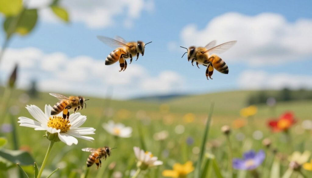 A vibrant outdoor scene showcasing the mating flights of bees, focusing on a pair of drones gracefully ascending in a bright blue sky interspersed with fluffy white clouds. In the foreground, delicate flowers in full bloom, with bees buzzing around, capturing the essence of natural attraction and courtship. The middle ground features a lush green meadow, dotted with colorful wildflowers, while soft sunlight filters through the leaves, creating a warm and inviting atmosphere. The background displays gentle hills under a serene horizon, emphasizing the idyllic setting. The lighting is bright and natural, evoking a sense of vitality and life. The overall mood is one of connection and harmony in nature, highlighting the intricate mechanics of bee mating flights.