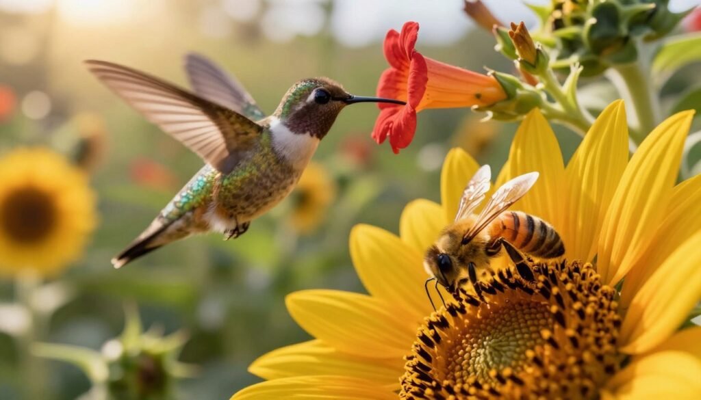 A vibrant pollination station brimming with activity, showcasing various pollinators in action. In the foreground, a close-up of a honeybee delicately landing on a bright yellow sunflower, its wings glistening in the warm sunlight, capturing the intricate details of its fuzzy body. In the middle ground, a hovering hummingbird sipping from a red trumpet flower, with its iridescent feathers reflecting the light. The background features a lush garden filled with diverse blooming plants, creating a soft, blurred bokeh effect that enhances the lively atmosphere. Golden hour lighting casts a warm, inviting glow across the scene, evoking a sense of harmony and connection to nature. The composition should be captured from a low angle to emphasize the pollinators and their activity.