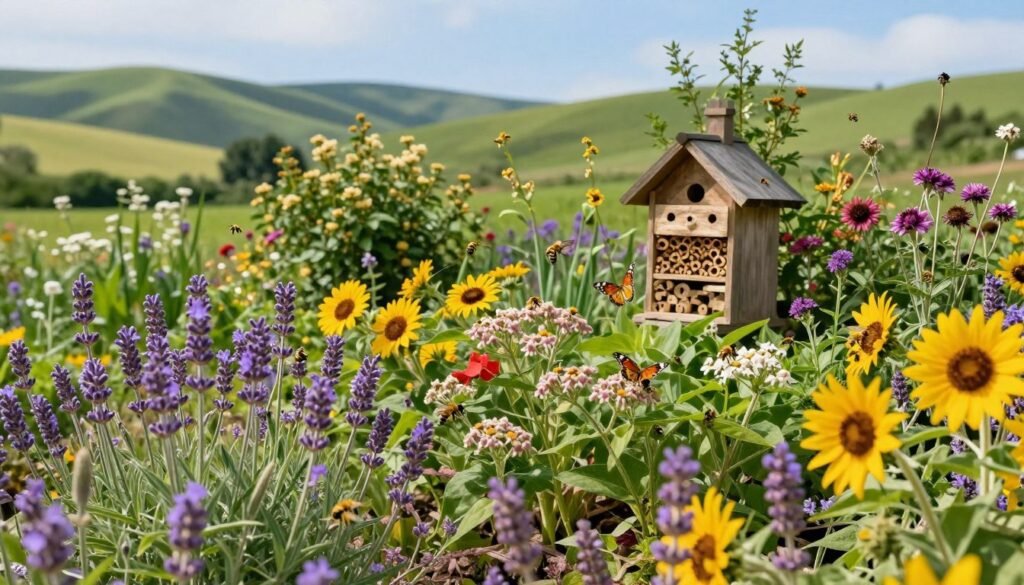 A vibrant pollinator habitat featuring diverse native plants and flowers in full bloom, attracting bees, butterflies, and hummingbirds. In the foreground, colorful wildflowers like lavender, sunflowers, and milkweed create a lively scene. The middle ground showcases a healthy garden with nesting sites, like bee hotels and flowering shrubs, while bees and butterflies can be seen pollinating the plants. In the background, a lush green landscape with rolling hills and a clear blue sky adds depth. Soft, warm lighting enhances the colors and creates a serene, inviting atmosphere. The angle captures a slightly elevated view, emphasizing the harmony between plants and pollinators, suggesting sustainability and health in ecosystem management. A vibrant pollinator habitat featuring diverse native plants and flowers in full bloom, attracting bees, butterflies, and hummingbirds. In the foreground, colorful wildflowers like lavender, sunflowers, and milkweed create a lively scene. The middle ground showcases a healthy garden with nesting sites, like bee hotels and flowering shrubs, while bees and butterflies can be seen pollinating the plants. In the background, a lush green landscape with rolling hills and a clear blue sky adds depth. Soft, warm lighting enhances the colors and creates a serene, inviting atmosphere. The angle captures a slightly elevated view, emphasizing the harmony between plants and pollinators, suggesting sustainability and health in ecosystem management.