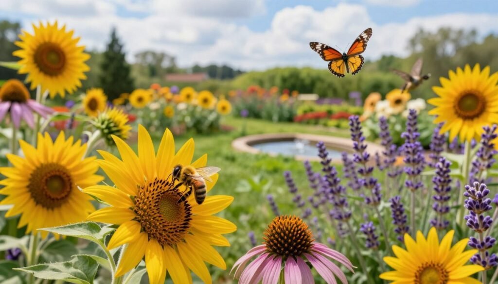 A vibrant pollinator habitat filled with a variety of colorful flowers such as sunflowers, lavender, and coneflowers attracting bees, butterflies, and hummingbirds. In the foreground, focus on a bee perched delicately on a flower, while a butterfly flutters nearby. The middle ground features a lush green garden with neatly arranged flower beds and a small water source for hydration. The background showcases a sunny sky with soft white clouds, conveying a warm, inviting atmosphere. The scene is bathed in soft, natural lighting, emphasizing the rich colors of the blooms and the lively activity of the pollinators. The image captures the essence of a thriving ecosystem, promoting biodiversity and the importance of a healthy pollinator habitat. A vibrant pollinator habitat filled with a variety of colorful flowers such as sunflowers, lavender, and coneflowers attracting bees, butterflies, and hummingbirds. In the foreground, focus on a bee perched delicately on a flower, while a butterfly flutters nearby. The middle ground features a lush green garden with neatly arranged flower beds and a small water source for hydration. The background showcases a sunny sky with soft white clouds, conveying a warm, inviting atmosphere. The scene is bathed in soft, natural lighting, emphasizing the rich colors of the blooms and the lively activity of the pollinators. The image captures the essence of a thriving ecosystem, promoting biodiversity and the importance of a healthy pollinator habitat.