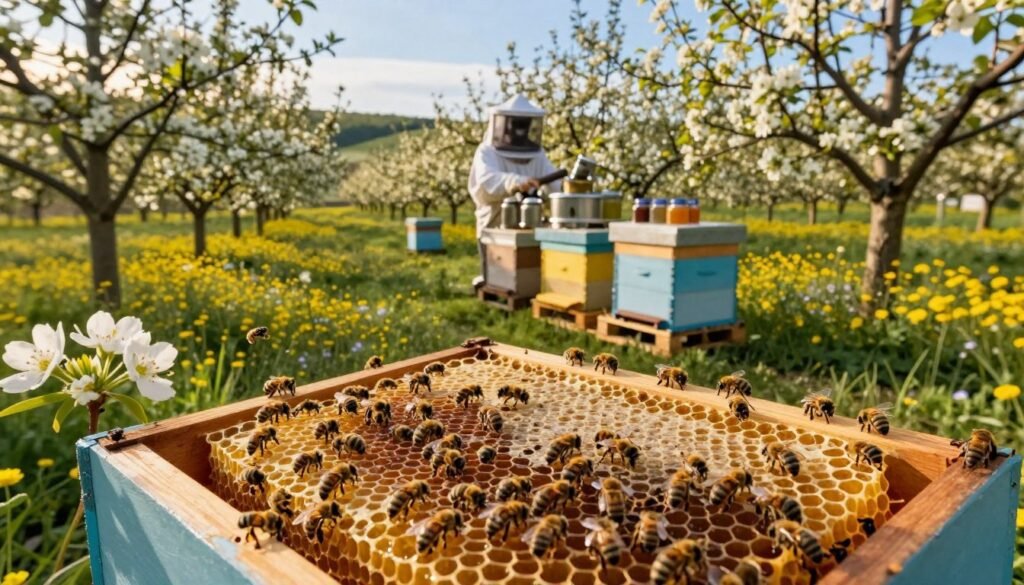 A vibrant scene depicting a beehive in a lush, flowering orchard during golden hour, showcasing bees busily working in and around the honeycombs. In the foreground, a close-up of honeycomb frames reveals glistening honey cells filled to the brim, while bees are seen efficiently moving from flower to hive, signifying the importance of pollination. In the middle ground, a well-organized pallet setup for honey extraction stands, with equipment such as honey extractors and jars ready for processing. The background features rolling hills dotted with wildflowers under a clear blue sky, creating a serene and productive atmosphere. Soft, warm lighting enhances the natural beauty of the scene, evoking a sense of harmony between nature and beekeeping. The overall mood is one of industriousness and abundance, reflecting the operational benefits for commercial beekeepers.