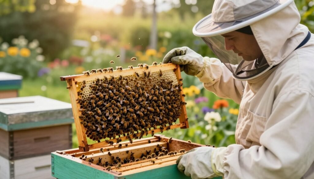 A vibrant scene depicting a beekeeper in professional attire, carefully inspecting a beehive to protect it against robbing behavior. In the foreground, the beekeeper, wearing a protective veil and gloves, holds a frame filled with busy bees, showcasing their diligent work. The middle layer features an intricately designed hive, with bees entering and exiting diligently, sending a clear message of thriving activity. In the background, a serene garden with flowers and trees adds depth, while a soft, warm sunlight filters through, creating a peaceful ambiance. The image captures the importance of safeguarding the hive, with a focus on the beekeeper’s attentive demeanor. The overall mood is one of diligence and harmony with nature, emphasizing the connection between the beekeeper and the bees.