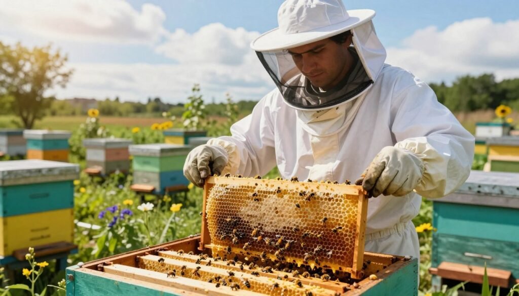 A vibrant scene depicting a beekeeping professional, dressed in a white protective suit with a veil, carefully inspecting frames filled with honey and pollen in a colorful apiary. In the foreground, close-up details of the frames reveal rich, golden honeycomb and active bees, conveying a sense of bustling hive activity. The middle ground features additional hives surrounded by lush green plants, flowers, and sunlight filtering through the leaves, enhancing the atmosphere of growth and abundance. In the background, a blue sky with fluffy white clouds creates a serene setting. The lighting is warm and inviting, emphasizing the importance of food reserves for hive health, while maintaining a hopeful and productive mood. A vibrant scene depicting a beekeeping professional, dressed in a white protective suit with a veil, carefully inspecting frames filled with honey and pollen in a colorful apiary. In the foreground, close-up details of the frames reveal rich, golden honeycomb and active bees, conveying a sense of bustling hive activity. The middle ground features additional hives surrounded by lush green plants, flowers, and sunlight filtering through the leaves, enhancing the atmosphere of growth and abundance. In the background, a blue sky with fluffy white clouds creates a serene setting. The lighting is warm and inviting, emphasizing the importance of food reserves for hive health, while maintaining a hopeful and productive mood.