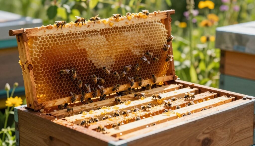 A vibrant scene depicting a close-up of honey supers in a flourishing beehive during a sunny day. In the foreground, focus on the beautifully crafted wooden honey supers, gleaming with golden honey and a few bees busily working, showcasing the peak of productivity. The middle ground features honeycomb frames, filled with hexagonal cells, some with capped honey and others being actively filled by bees. In the background, lush green foliage and colorful wildflowers create a serene natural setting, with soft sunlight filtering through leaves, illuminating the entire scene. The mood is peaceful and industrious, evoking the harmony of nature at work in a thriving first-year honey bee colony. The image should have warm lighting, emphasizing the rich tones of the honey and wood, shot at a slight angle to provide depth.