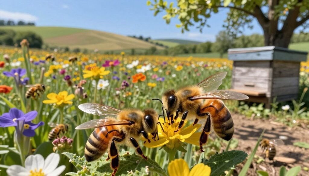 A vibrant scene depicting a close-up view of busy bees pollinating a variety of colorful wildflowers in a lush agricultural landscape. In the foreground, several bees are engaged in their natural activities, showcasing their intricate details, such as their fuzzy bodies and delicate wings glistening in the sunlight. The middle ground features a diverse patch of blooming flowers alongside a rustic wooden beehive, emphasizing the relationship between crops and pollinators. In the background, gently rolling hills under a bright blue sky create a calm and inviting atmosphere. Sunlight filters through the trees, casting dappled shadows on the ground, while a slight breeze adds a sense of motion to the scene.