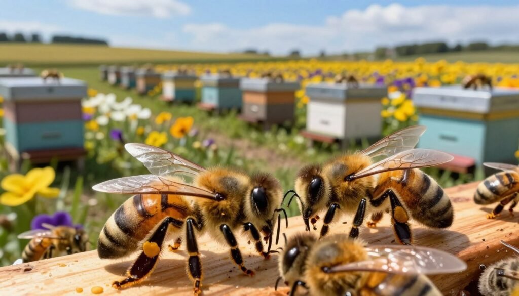 A vibrant scene depicting a hive of bees in action, emphasizing their crucial role in pollination. In the foreground, a close-up view of several honey bees working together, showcasing their detailed wings and furry bodies, with pollen grains visible on their legs. In the middle ground, a well-organized apiary with multiple hives, each bustling with activity, surrounded by rich blooming flowers in various colors like yellow, purple, and white. In the background, a clear blue sky and gently swaying fields, creating a sense of warmth and abundance. The lighting is bright and natural, suggesting a sunny day, with soft shadows adding depth. The overall mood is energetic yet harmonious, capturing the essence of teamwork and productivity among the bees. A vibrant scene depicting a hive of bees in action, emphasizing their crucial role in pollination. In the foreground, a close-up view of several honey bees working together, showcasing their detailed wings and furry bodies, with pollen grains visible on their legs. In the middle ground, a well-organized apiary with multiple hives, each bustling with activity, surrounded by rich blooming flowers in various colors like yellow, purple, and white. In the background, a clear blue sky and gently swaying fields, creating a sense of warmth and abundance. The lighting is bright and natural, suggesting a sunny day, with soft shadows adding depth. The overall mood is energetic yet harmonious, capturing the essence of teamwork and productivity among the bees.