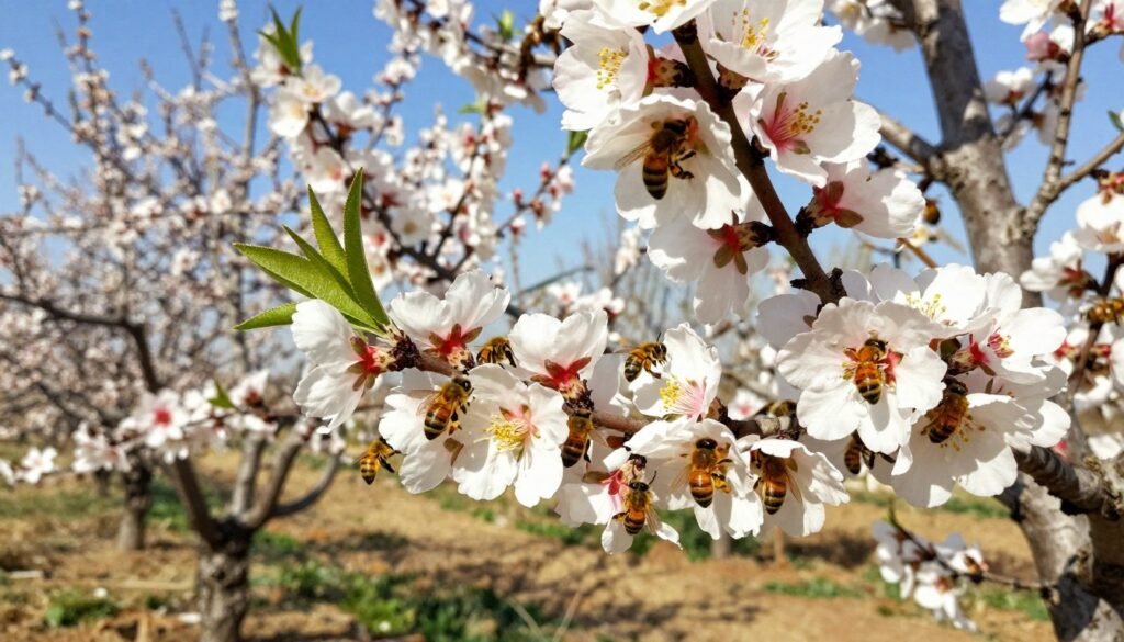 A vibrant scene depicting almond pollination with a focus on a bustling bee colony in the foreground, showcasing bees actively transferring pollen from almond blossoms. The middle ground features lush almond trees in full bloom, their delicate white and pink flowers contrasting against the green leaves. In the background, a clear blue sky enhances the sense of a bright, sunny day, ideal for pollination. The lighting should be warm and natural, casting gentle shadows that emphasize the texture of the flowers and bees. Capture the scene from a slightly elevated angle to provide a comprehensive view of the activity, creating an atmosphere of vitality and productivity essential for successful brood and pollination efficiency. A vibrant scene depicting almond pollination with a focus on a bustling bee colony in the foreground, showcasing bees actively transferring pollen from almond blossoms. The middle ground features lush almond trees in full bloom, their delicate white and pink flowers contrasting against the green leaves. In the background, a clear blue sky enhances the sense of a bright, sunny day, ideal for pollination. The lighting should be warm and natural, casting gentle shadows that emphasize the texture of the flowers and bees. Capture the scene from a slightly elevated angle to provide a comprehensive view of the activity, creating an atmosphere of vitality and productivity essential for successful brood and pollination efficiency.
